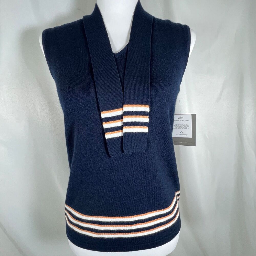 Liz Claiborne Collection Vintage Knit Sweater Vest Navy Striped Tie Neck Size M